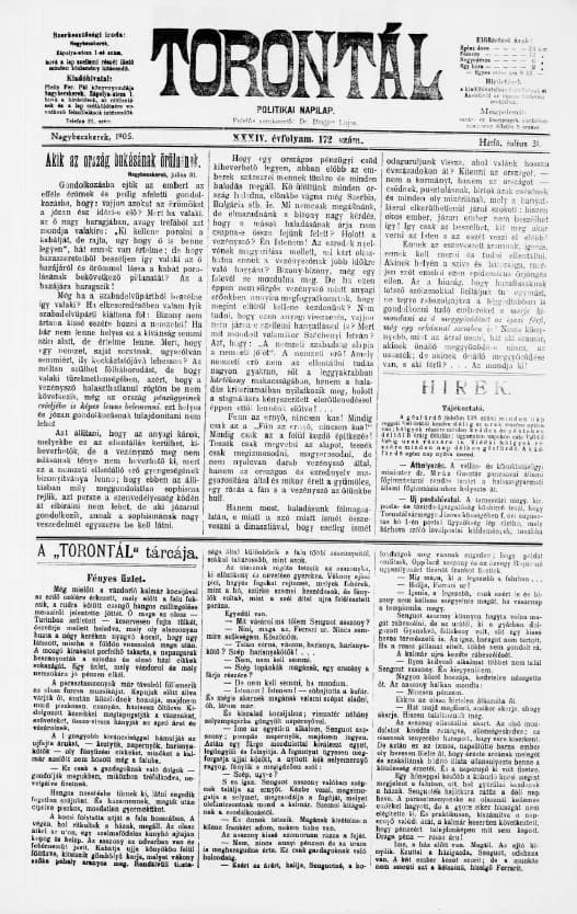 Torontál, 34. évf. 1905. július 31. 172. sz.