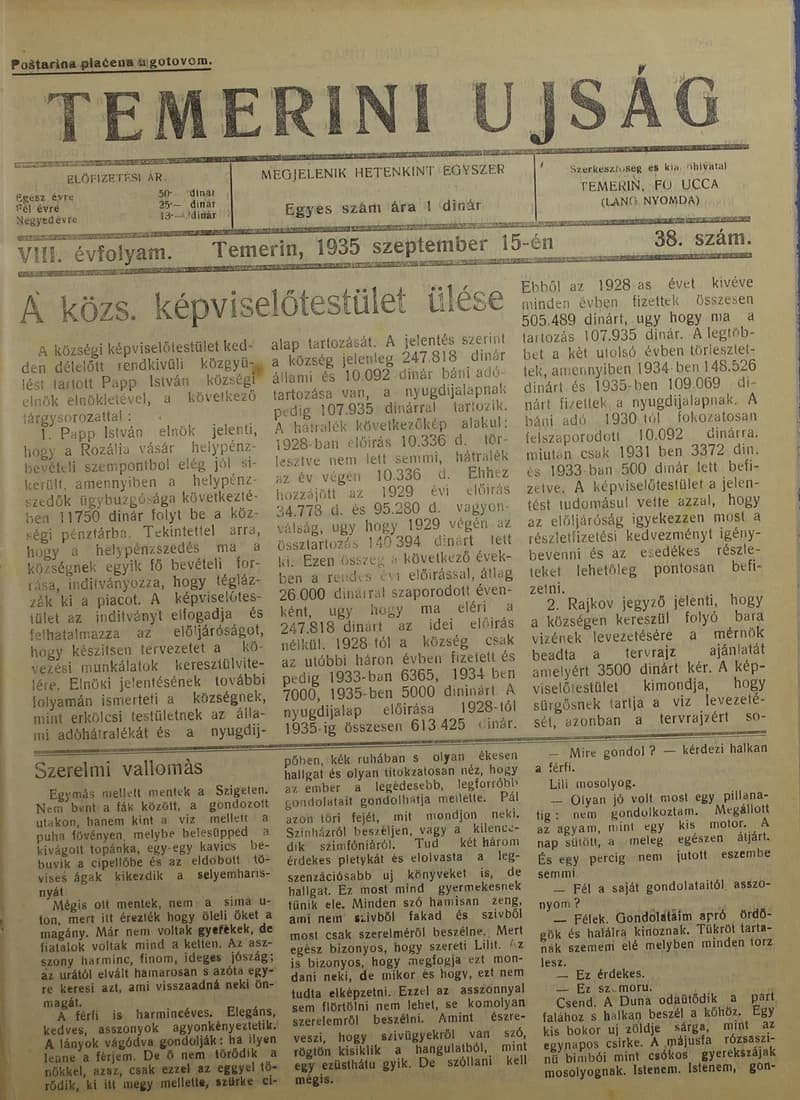 Temerini Újság 1928-1944, 8. évf. 1935. szeptember 15. 38. sz.