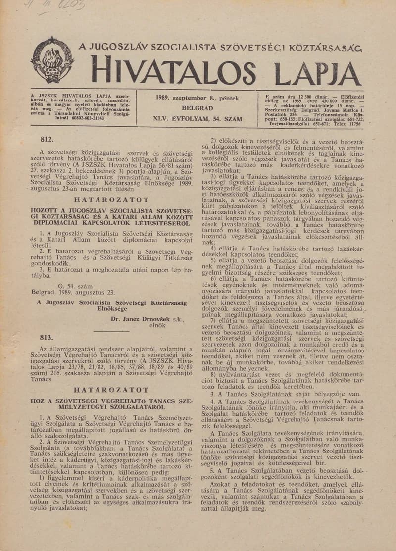 A Jugoszláv Szocialista Szövetségi Köztársaság Hivatalos Lapja, 45. évf. 1989. szeptember 8. 54. sz. 1309–1344. oldal