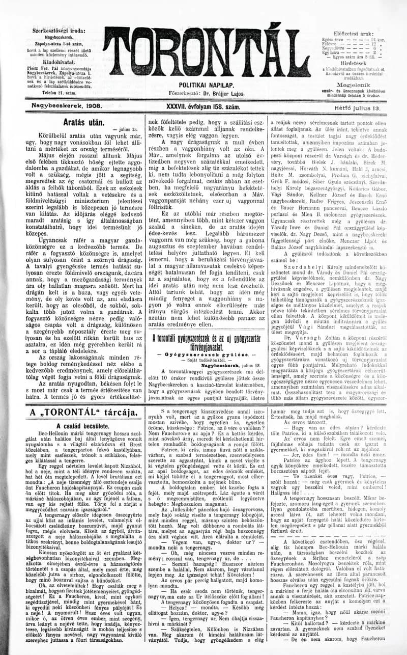 Torontál, 37. évf. 1908. július 13. 158. sz.