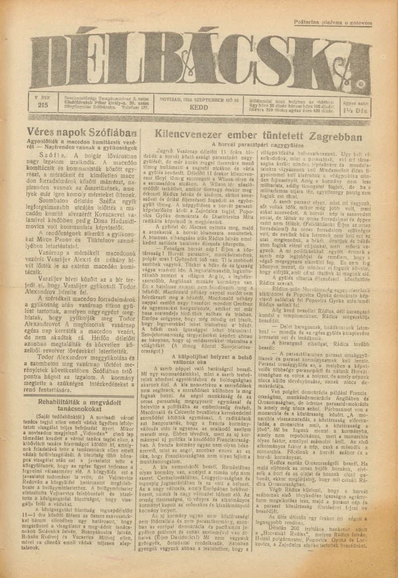 Délbácska, 5. évf. 1924. szeptember 16. 215. sz.