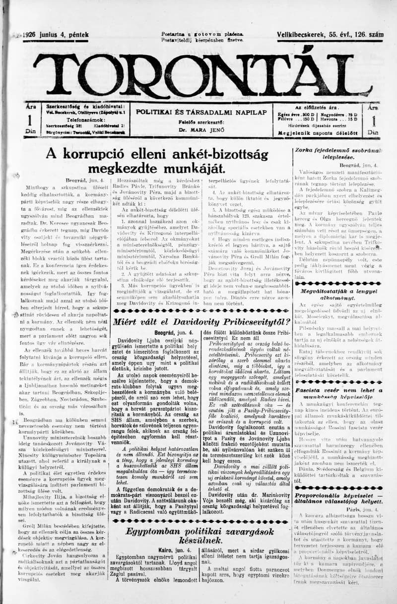 Torontál, 55. évf. 1926. június 4. 126. sz.