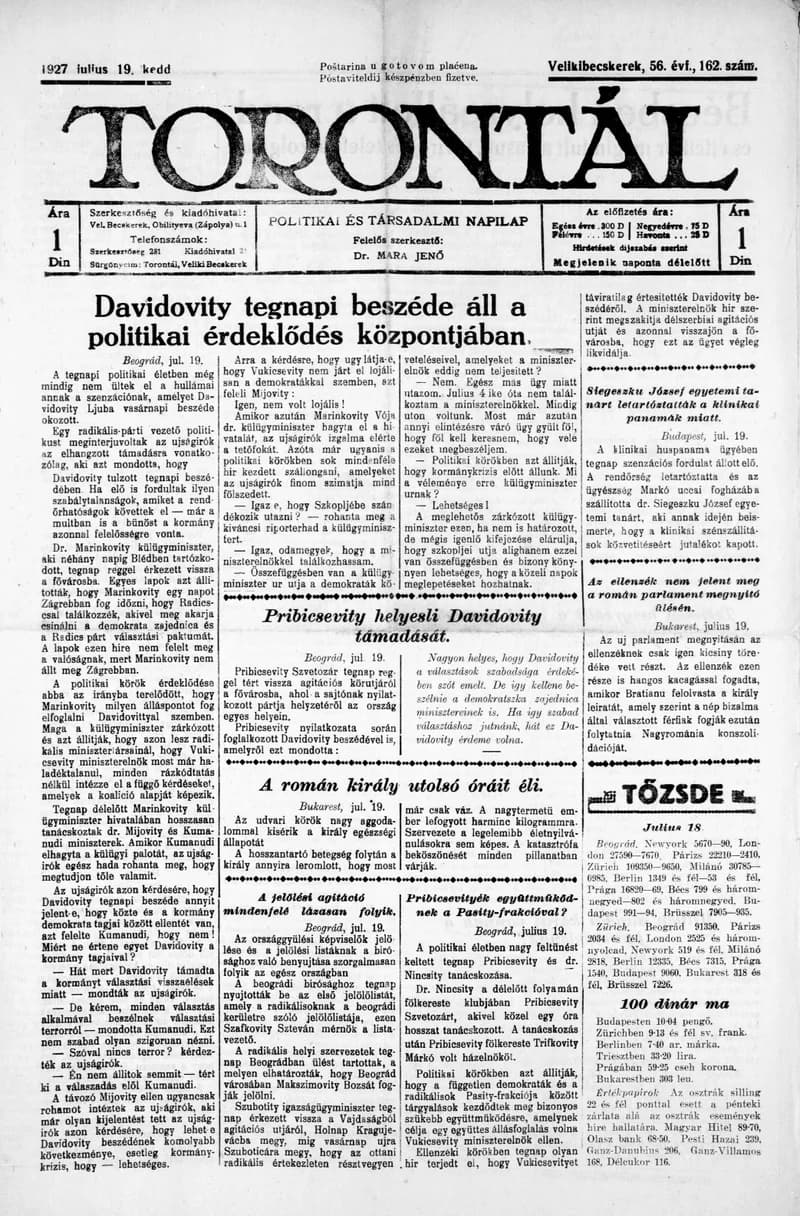 Torontál, 56. évf. 1927. július 19. 162. sz.