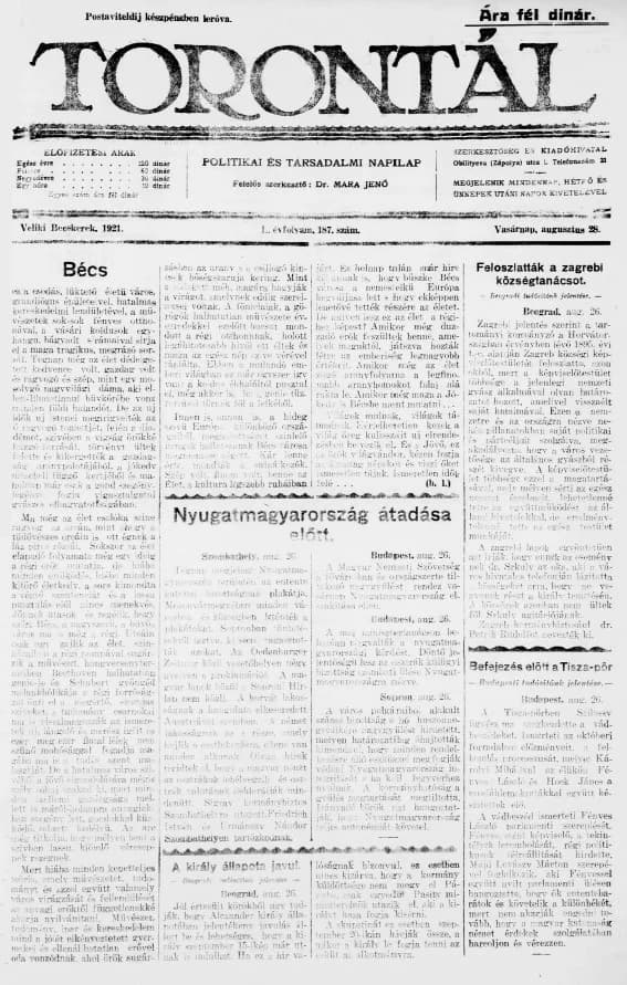Torontál, 50. évf. 1921. augusztus 28. 187. sz.