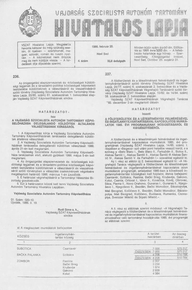 Vajdaság Szocialista Autonóm Tartomány Hivatalos Lapja, 42. évf. 1986. február 25. 4. sz.
