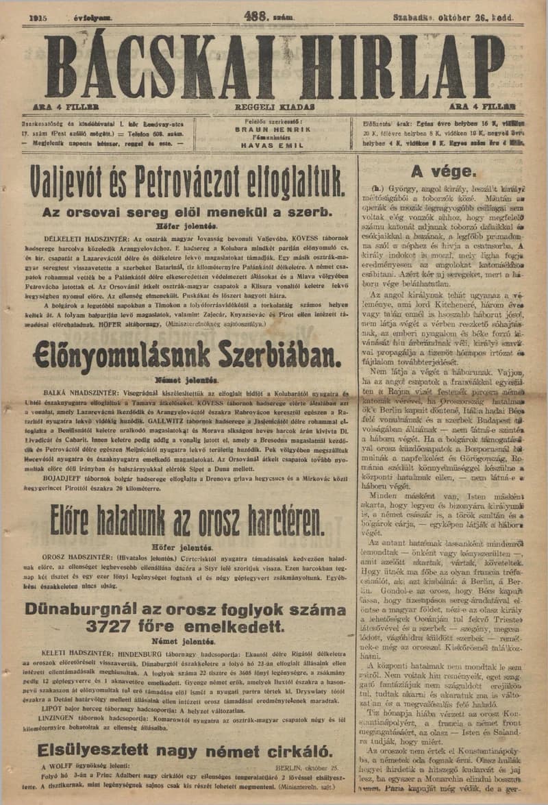 Bácskai Hirlap, 19. évf. 1915. október 26. 488. sz.