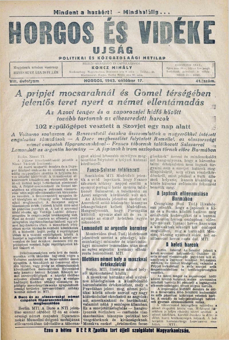 Horgos és vidéke, 8. évf. 1943. október 17. 41. sz.