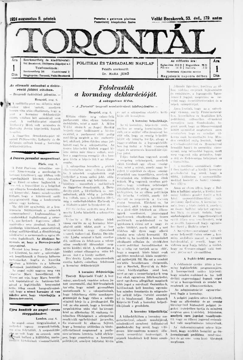 Torontál, 53. évf. 1924. augusztus 8. 179. sz.