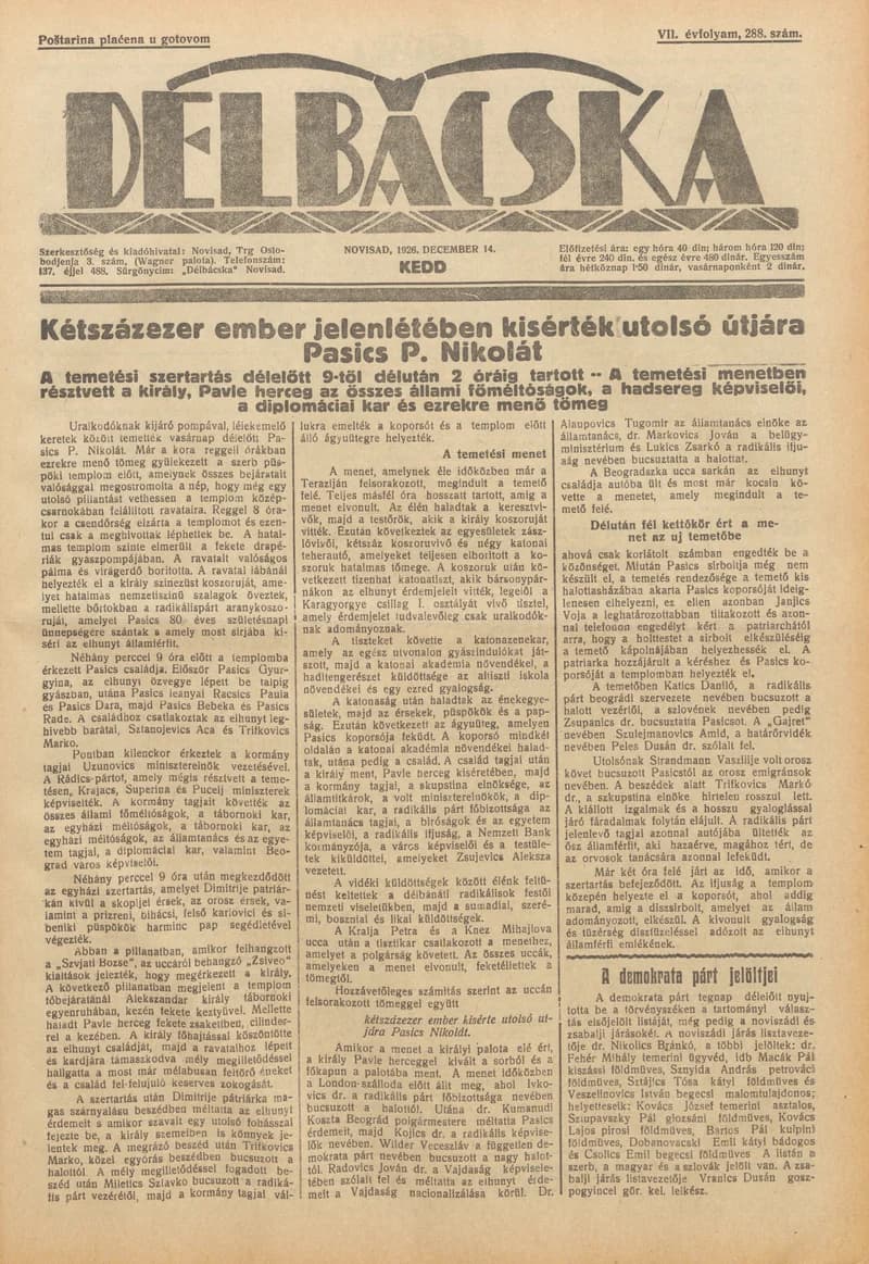 Délbácska, 7. évf. 1926. december 14. 288. sz.