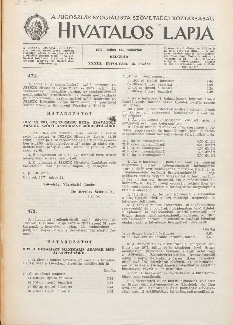 A Jugoszláv Szocialista Szövetségi Köztársaság Hivatalos Lapja, 33. évf. 1977. július 14. 35. sz. 1421–1424. oldal