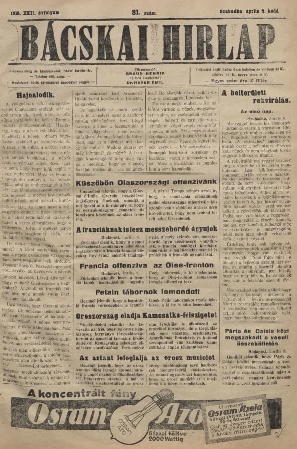 Bácskai Hirlap, 22. évf. 1918. április 9. 81. sz.