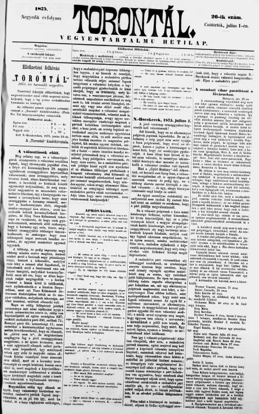 Torontál, 4. évf. 1875. július 1. 26. sz.