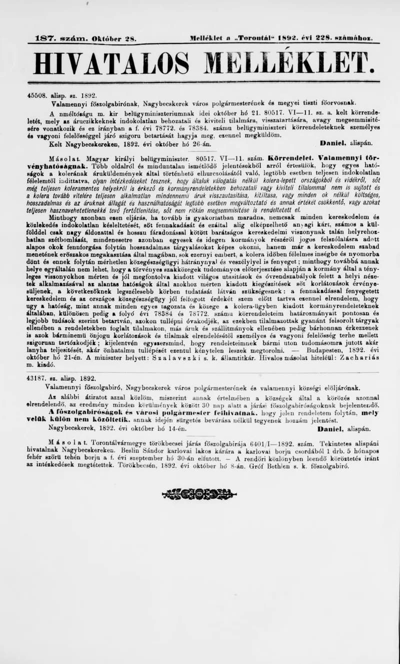 A Totontál  hivatalos melléklete, 5. évf. 1892. október 28. 187. sz.