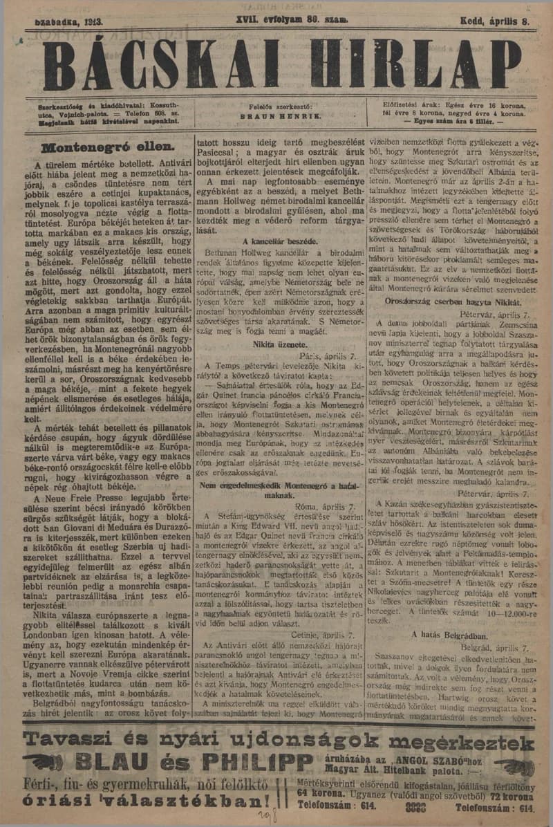 Bácskai Hirlap, 17. évf. 1913. április 8. 80. sz.