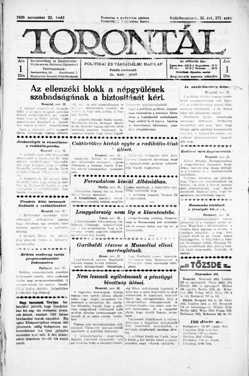 Torontál, 55. évf. 1926. november 23. 271. sz.