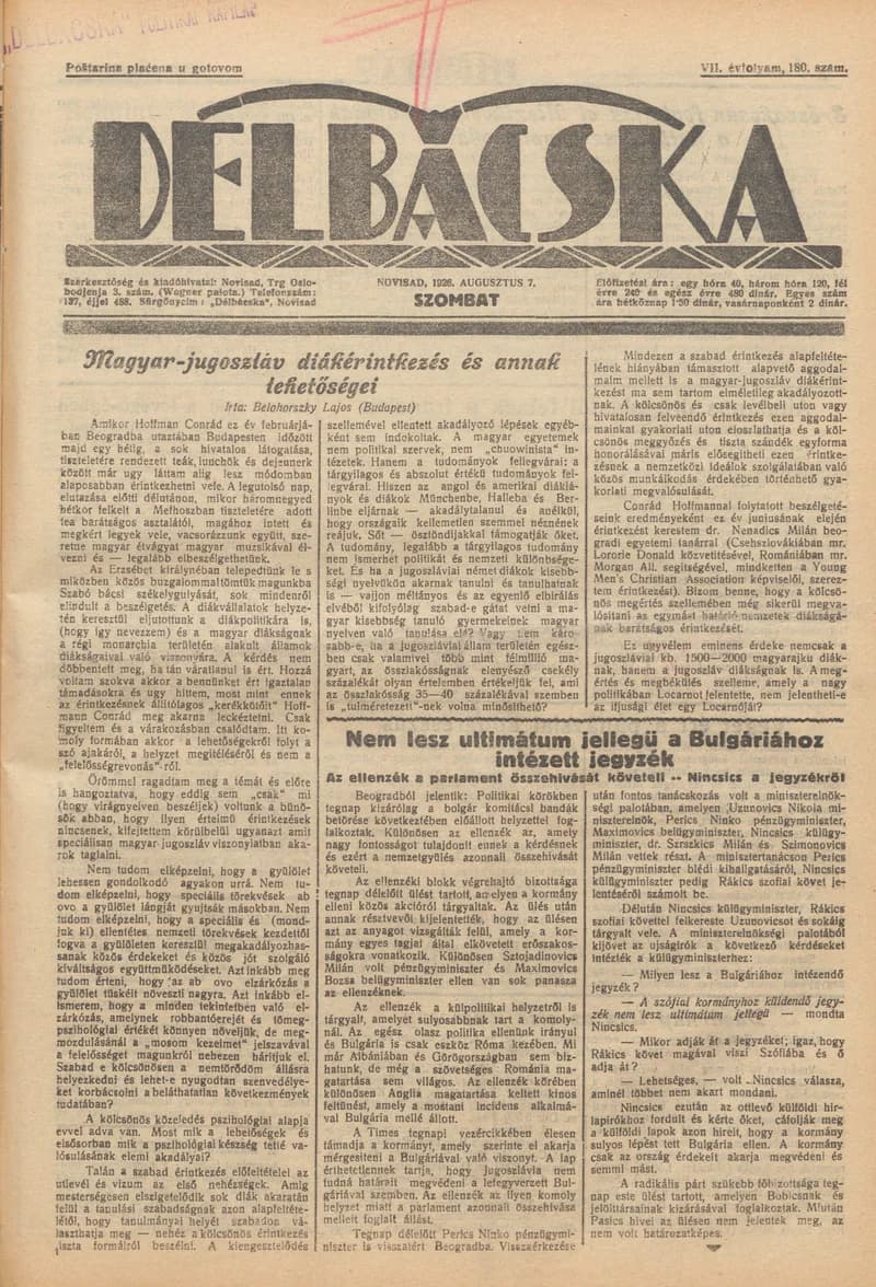 Délbácska, 7. évf. 1926. augusztus 7. 180. sz.
