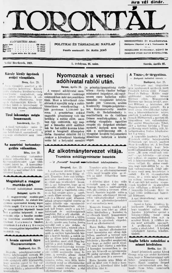 Torontál, 50. évf. 1921. április 27. 91. sz.