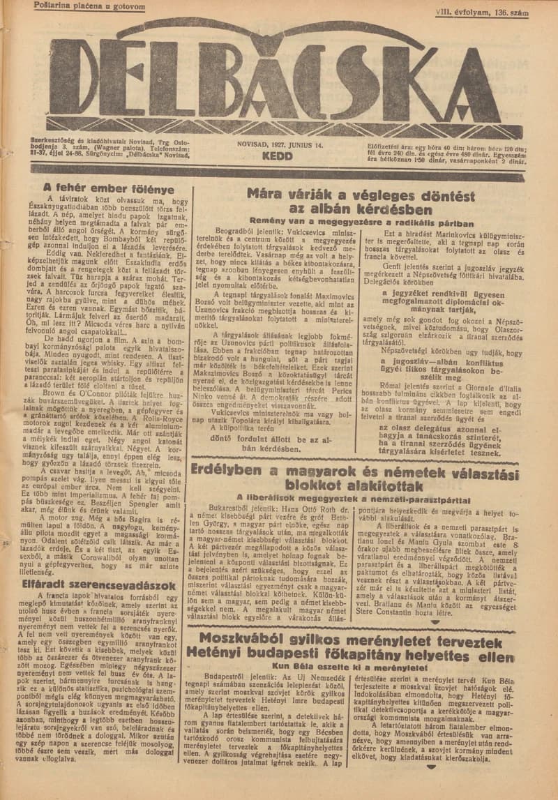 Délbácska, 8. évf. 1927. június 14. 136. sz.