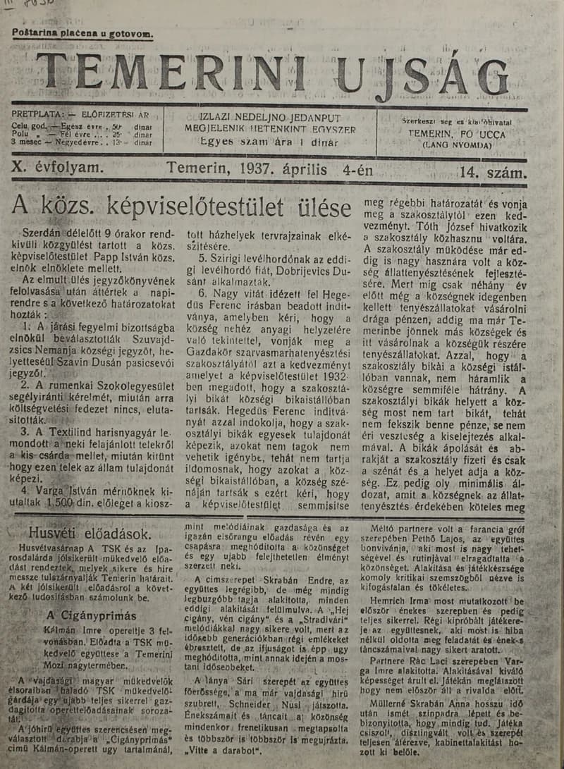 Temerini Újság 1928-1944, 10. évf. 1937. április 4. 14. sz.