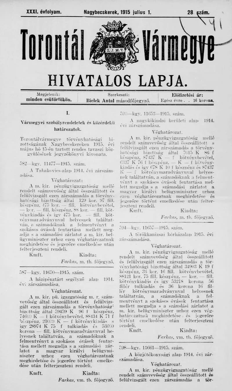Torontál Vármegye Hivatalos Lapja, 31. évf. 1915. július 1. 28. sz.