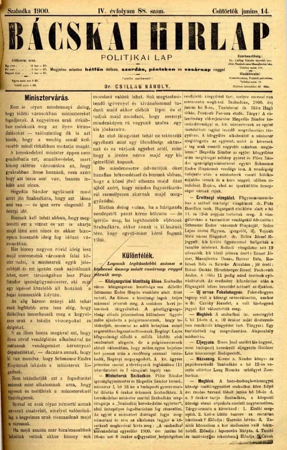 Bácskai Hirlap, 4. évf. 1900. június 14. 88. sz.