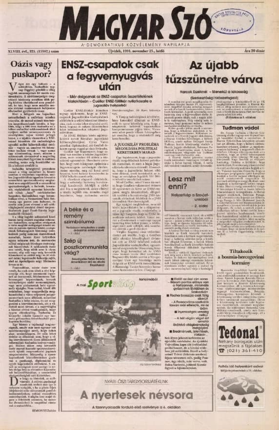 Magyar Szó, 48. évf. 1991. november 25. 325. sz. 1–20. oldal
