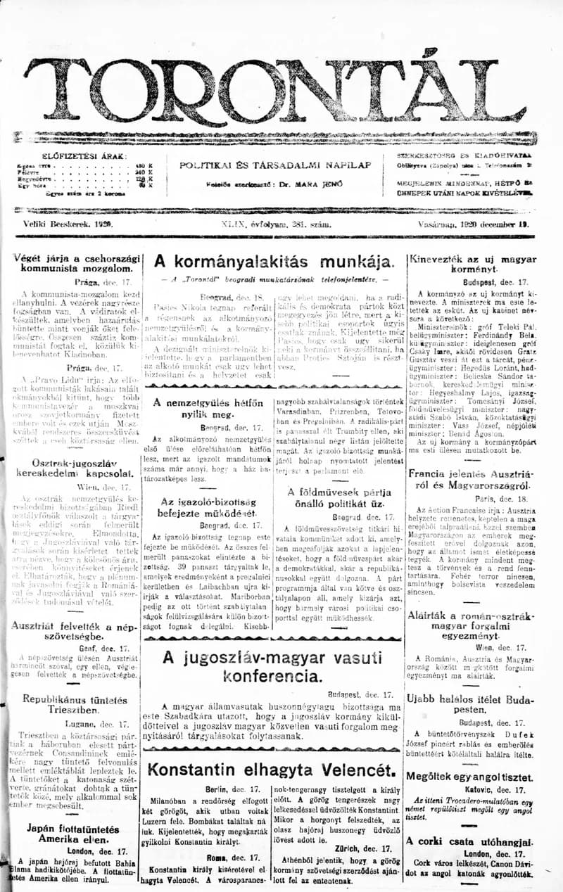 Torontál, 49. évf. 1920. december 19. 281. sz.