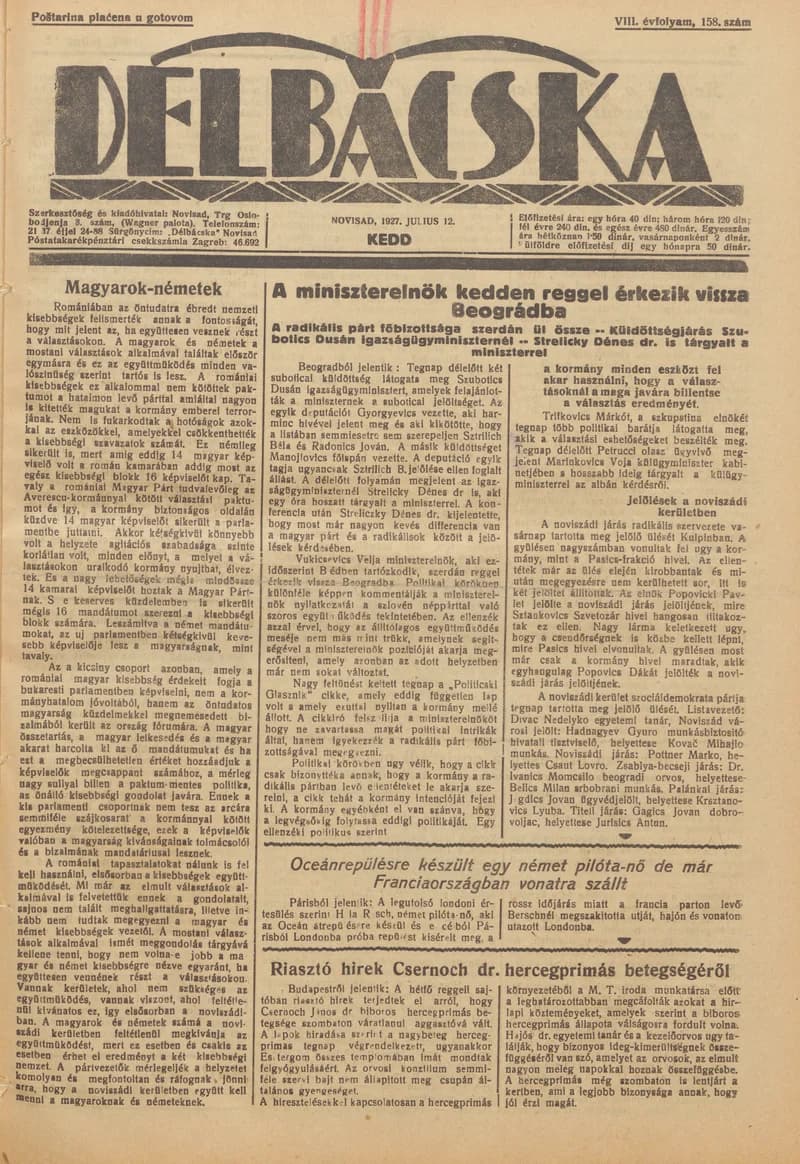 Délbácska, 8. évf. 1927. július 12. 158. sz.