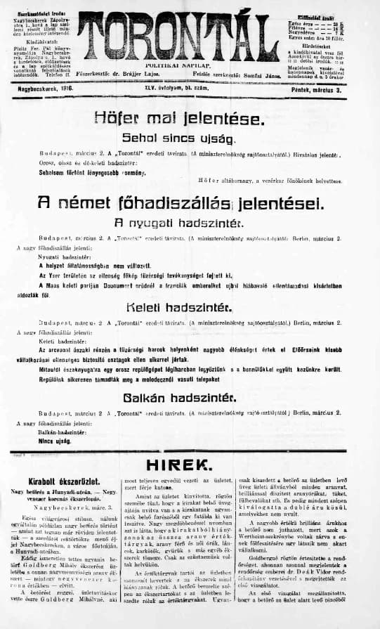 Torontál, 45. évf. 1916. március 3. 51. sz.