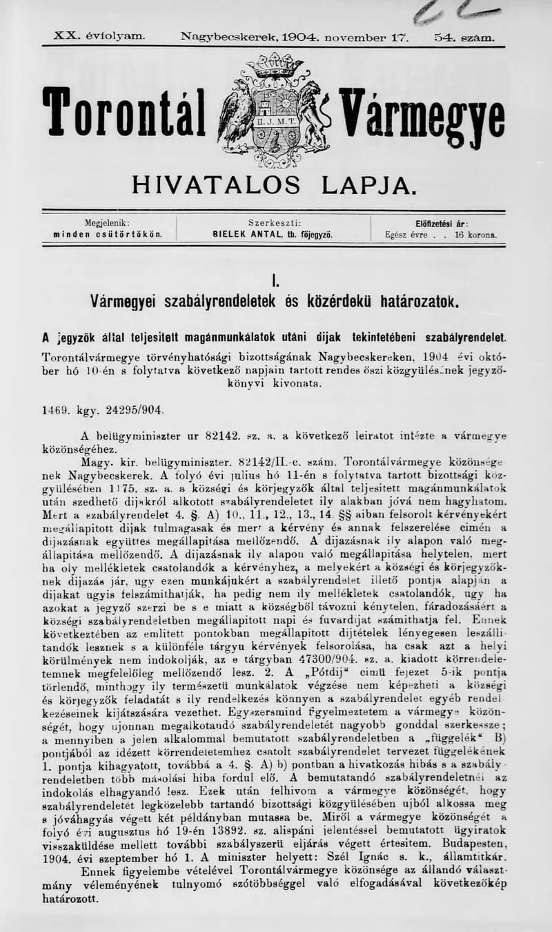 Torontál Vármegye Hivatalos Lapja, 20. évf. 1904. november 17. 54. sz.