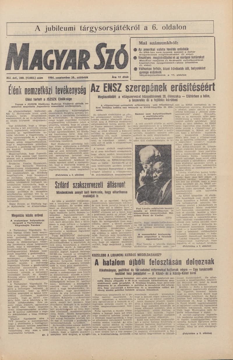Magyar Szó, 41. évf. 1984. szeptember 20. 260. sz. 1–20. oldal