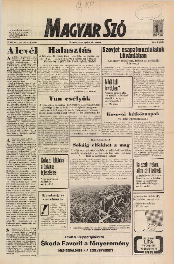 Magyar Szó, 47. évf. 1990. április 11. 99. sz. 1–20. oldal