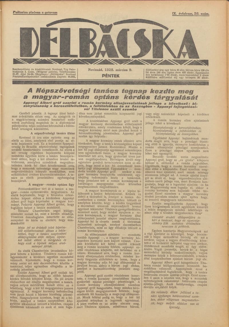 Délbácska, 9. évf. 1928. március 9. 58. sz.