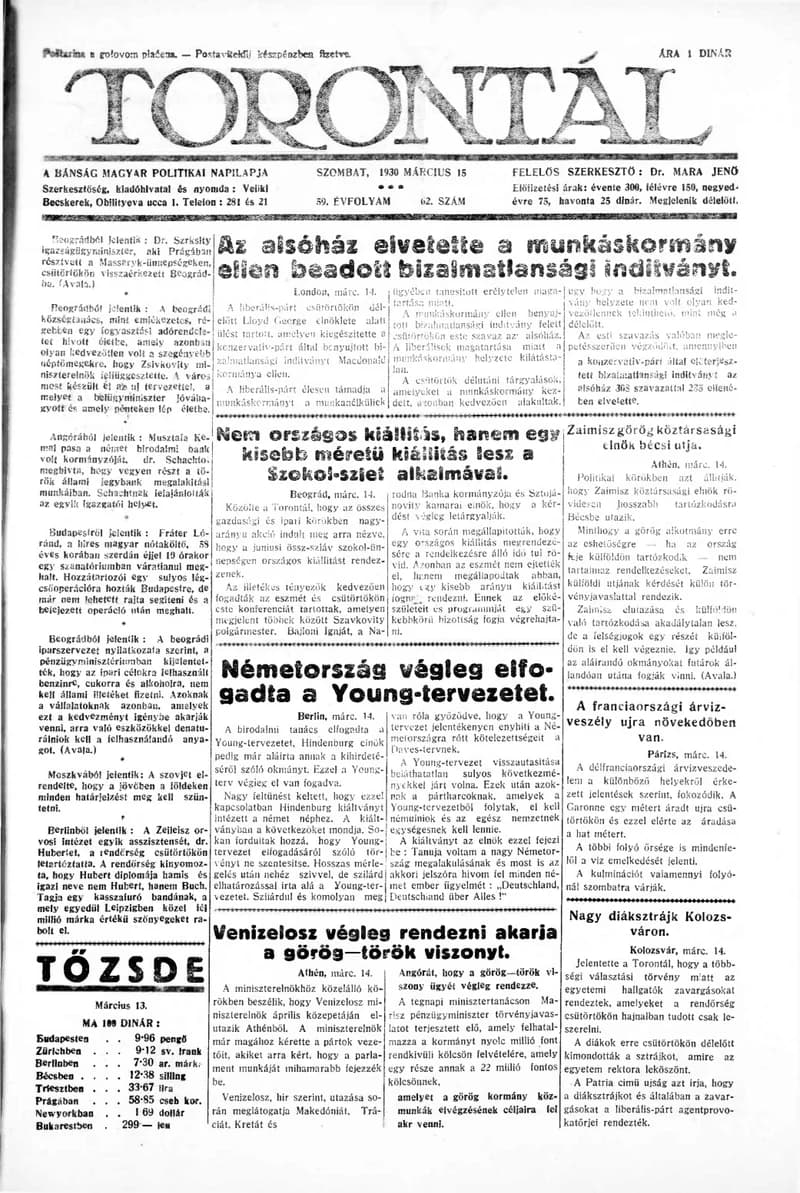 Torontál, 59. évf. 1930. március 15. 62. sz.