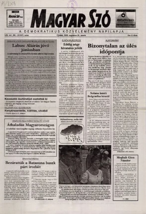 Magyar Szó, 59. évf. 2002. augusztus 28. 201. sz. 1–16. oldal
