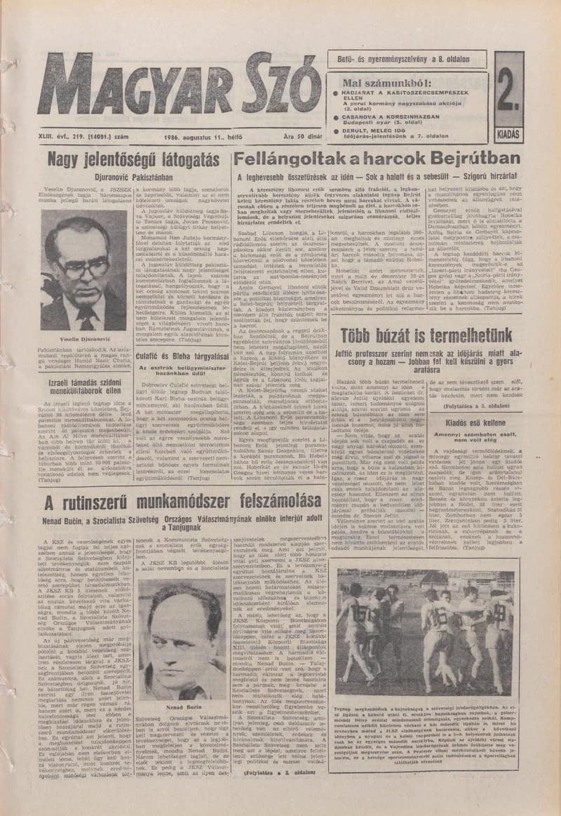 Magyar Szó, 43. évf. 1986. augusztus 11. 219. sz. 1–16. oldal