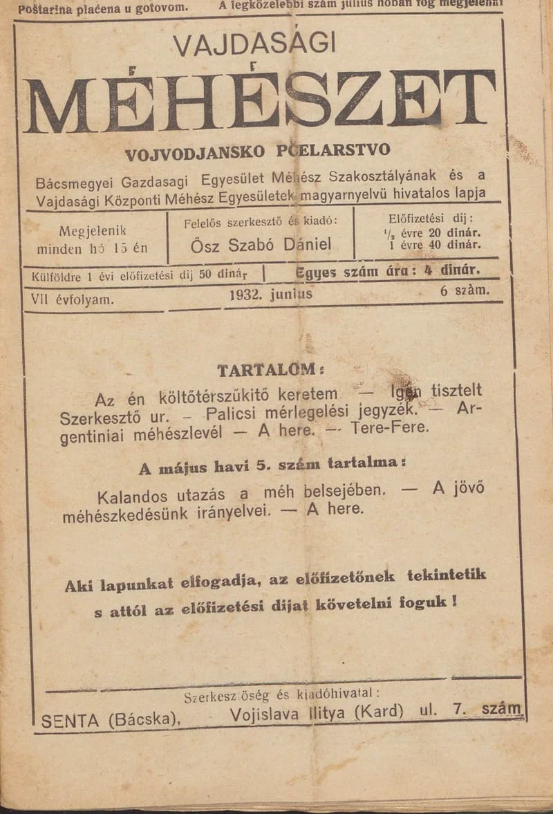 Vajdasági méhészet, 7. évf. 1932. június 1. 6. sz.