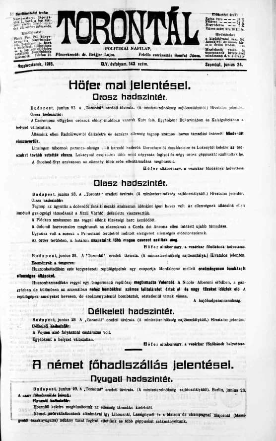 Torontál, 45. évf. 1916. június 24. 143. sz.