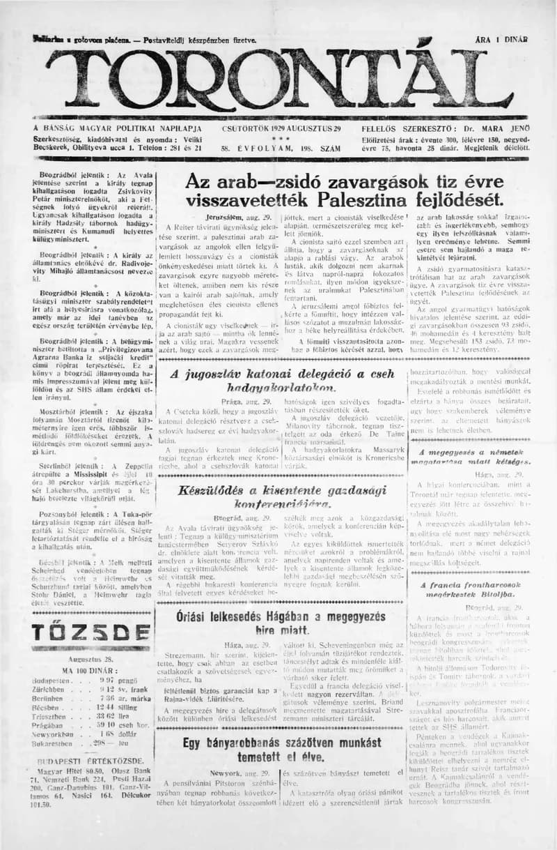 Torontál, 58. évf. 1929. augusztus 29. 198. sz.