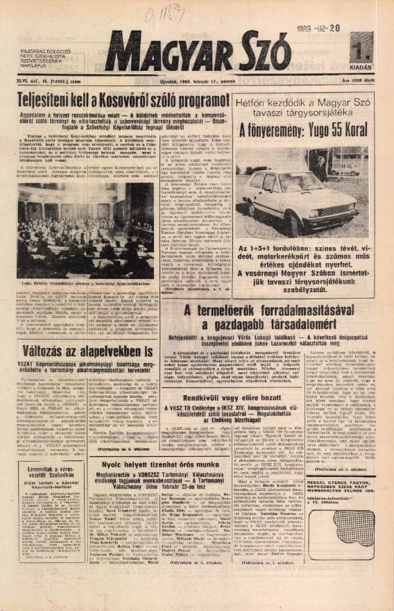 Magyar Szó, 46. évf. 1989. február 17. 45. sz. 1–24. oldal