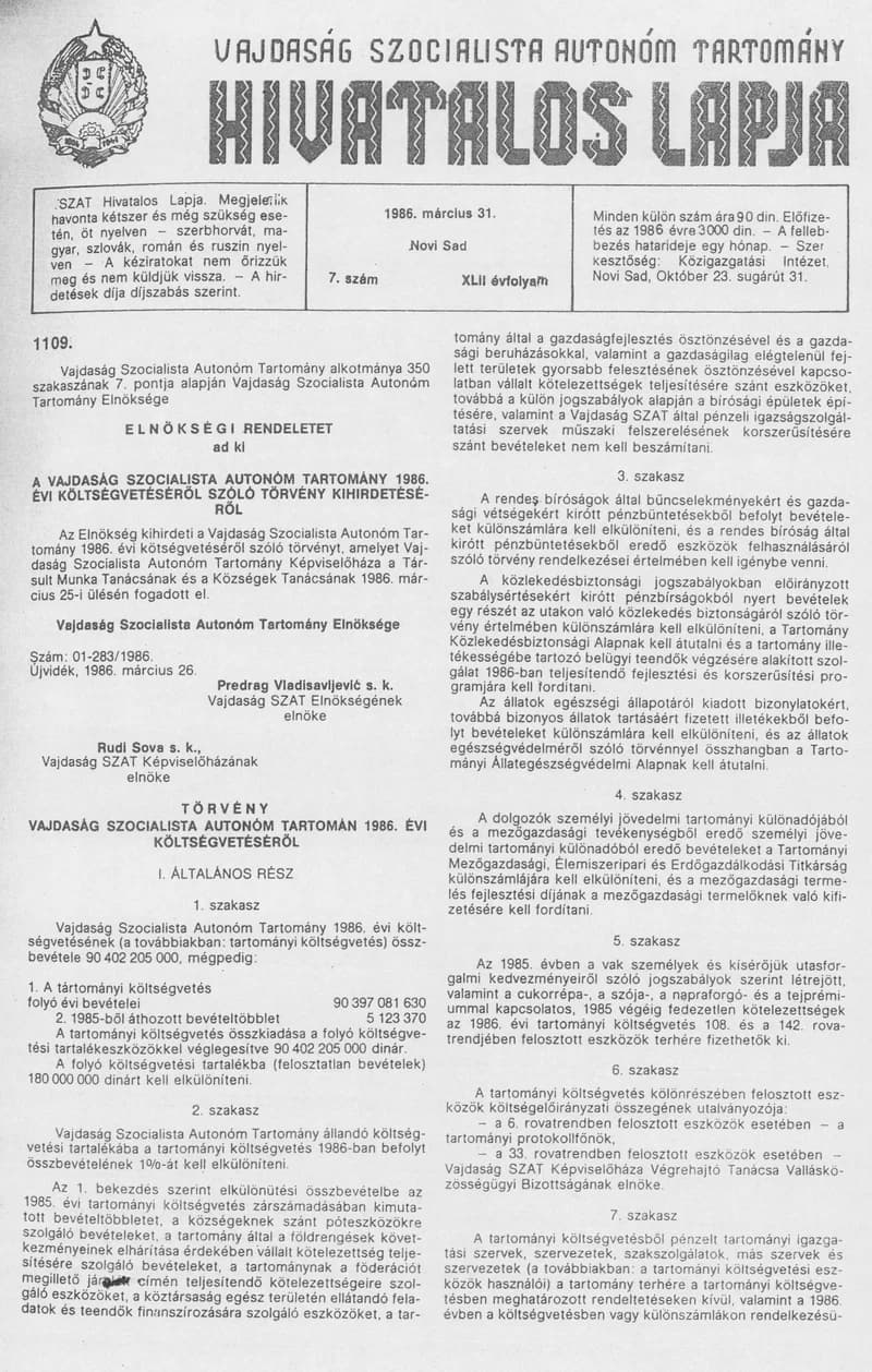 Vajdaság Szocialista Autonóm Tartomány Hivatalos Lapja, 42. évf. 1986. március 31. 7. sz.