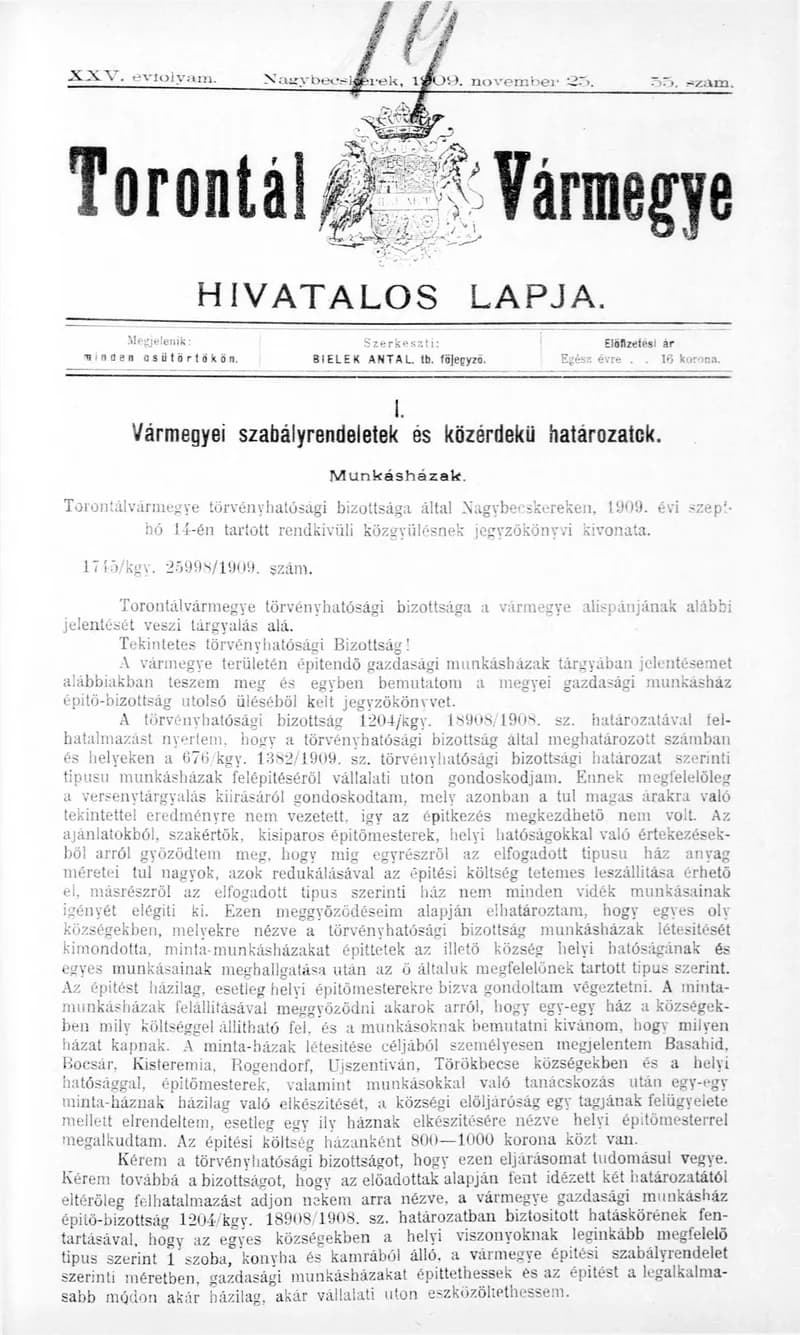Torontál Vármegye Hivatalos Lapja, 25. évf. 1909. november 25. 55. sz.