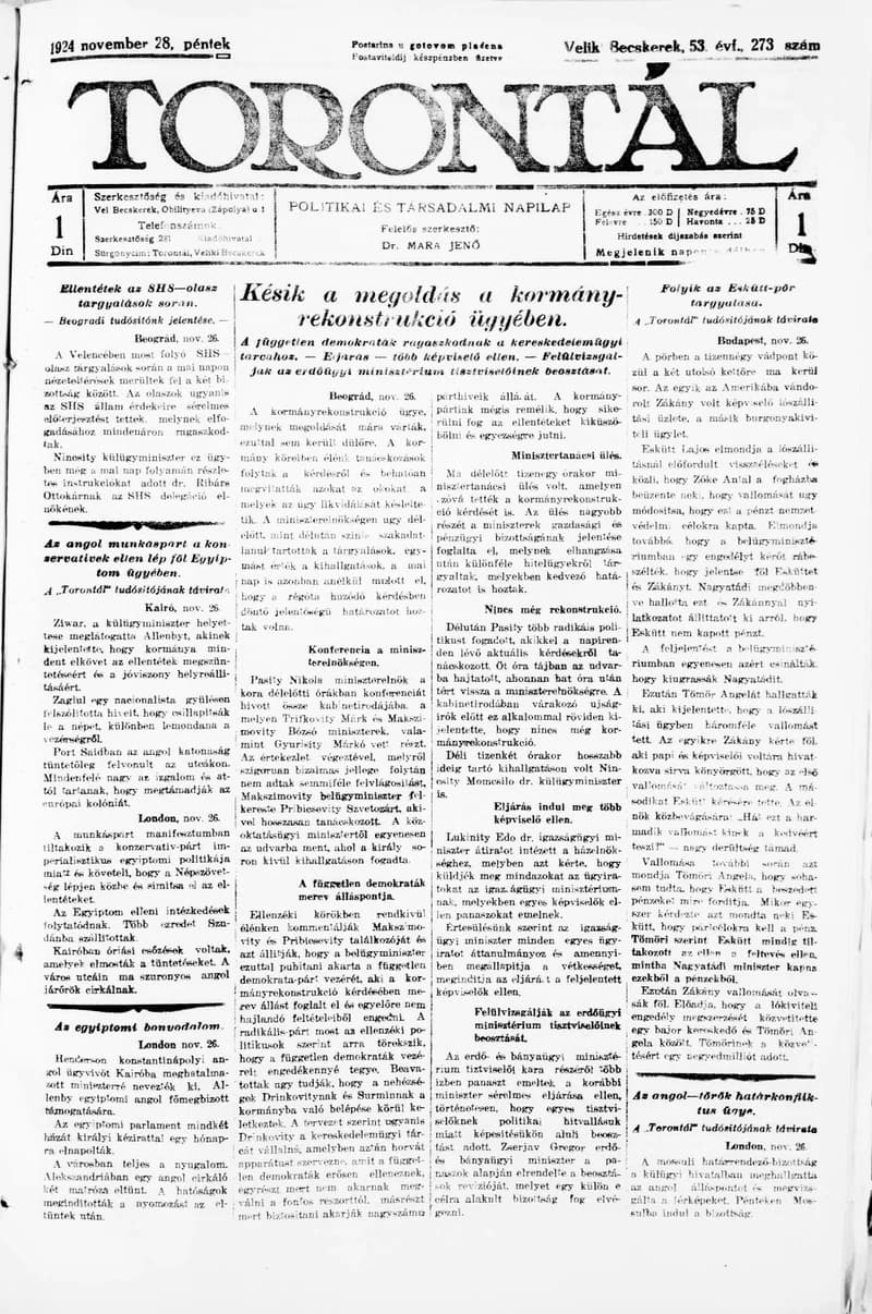 Torontál, 53. évf. 1924. november 28. 273. sz.