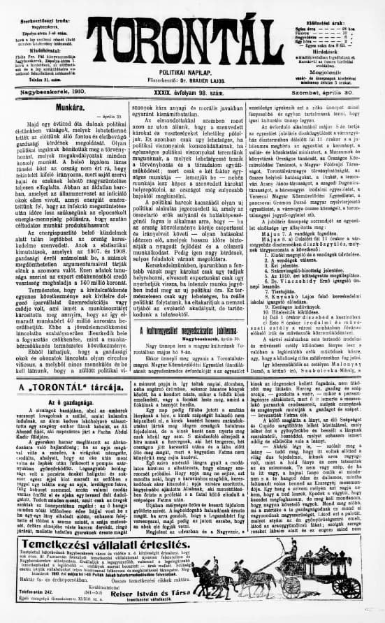 Torontál, 39. évf. 1910. április 30. 98. sz.