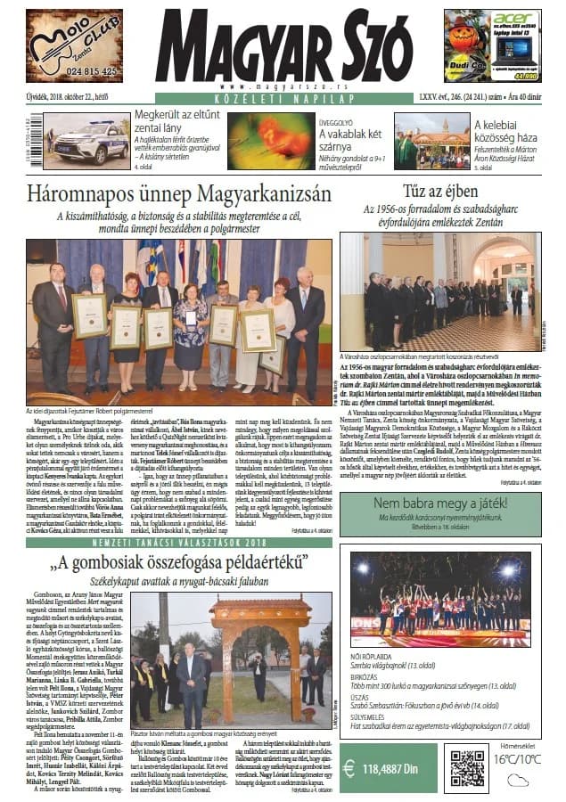 Magyar Szó, 75. évf. 2018. október 22. 246. sz. 1–20. oldal