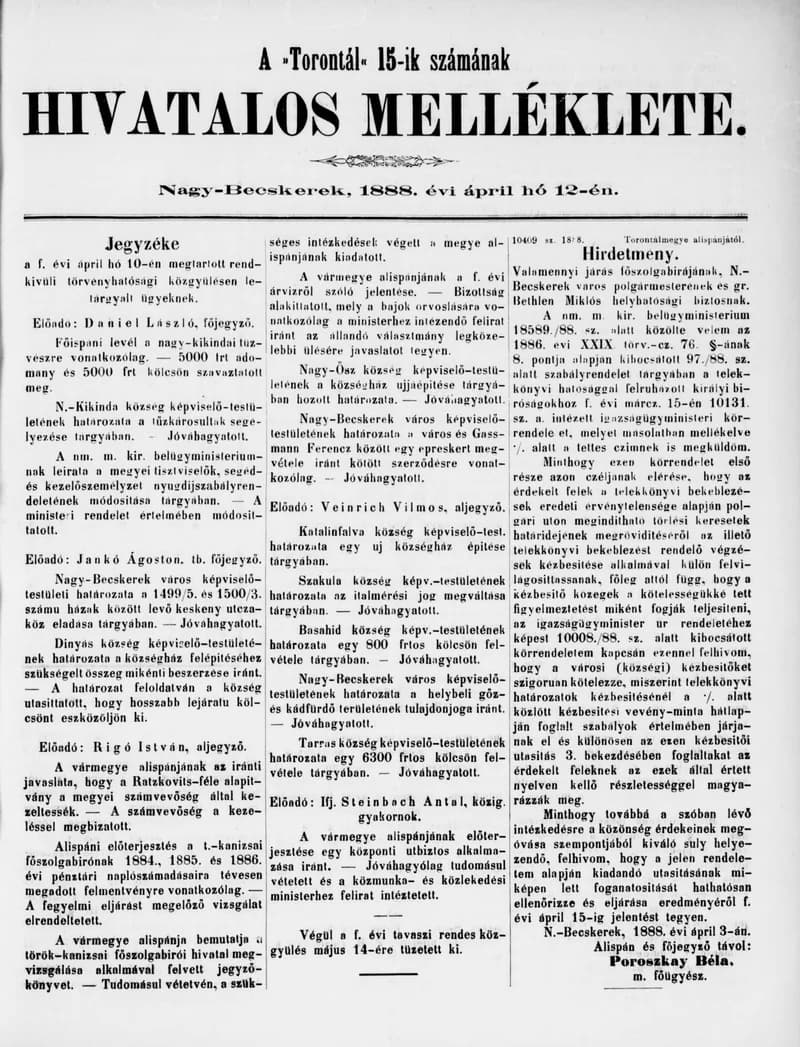 A Totontál  hivatalos melléklete, 1. évf. 1888. április 12. 15. sz.