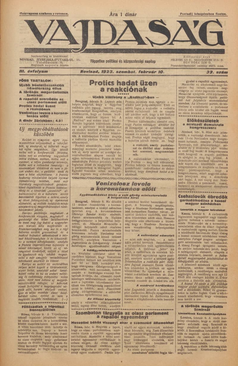 Vajdaság, 3. évf. 1923. február 10. 33. sz.
