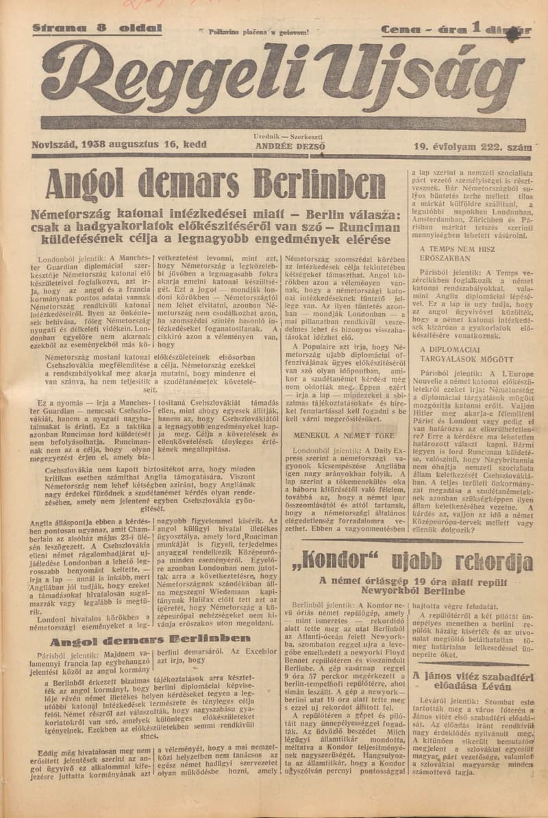 Reggeli Újság, 19. évf. 1938. augusztus 16. 222. sz.
