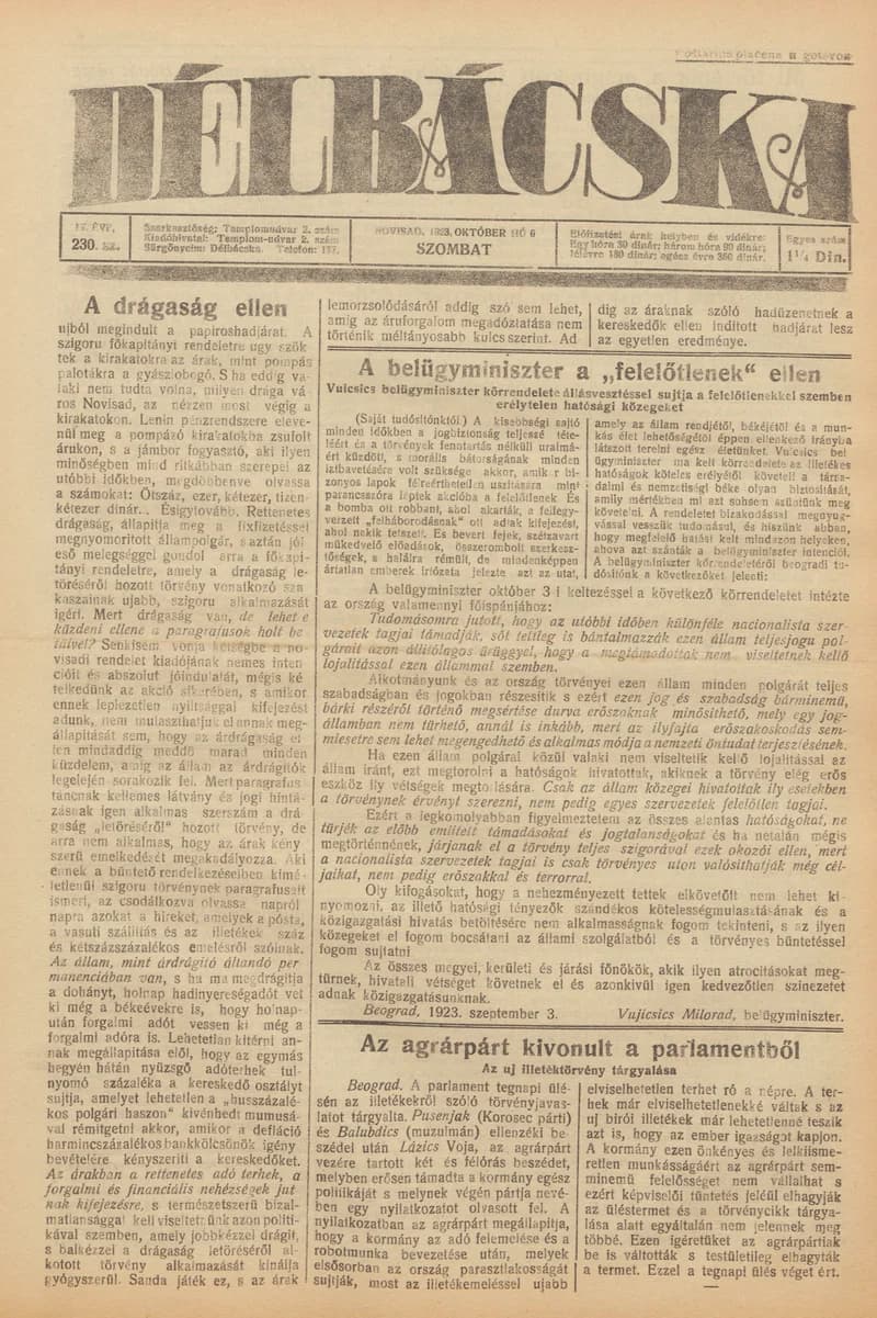 Délbácska, 4. évf. 1923. október 6. 230. sz.