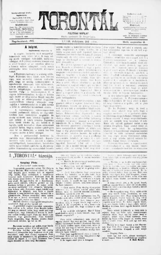 Torontál, 34. évf. 1905. szeptember 18. 212. sz.